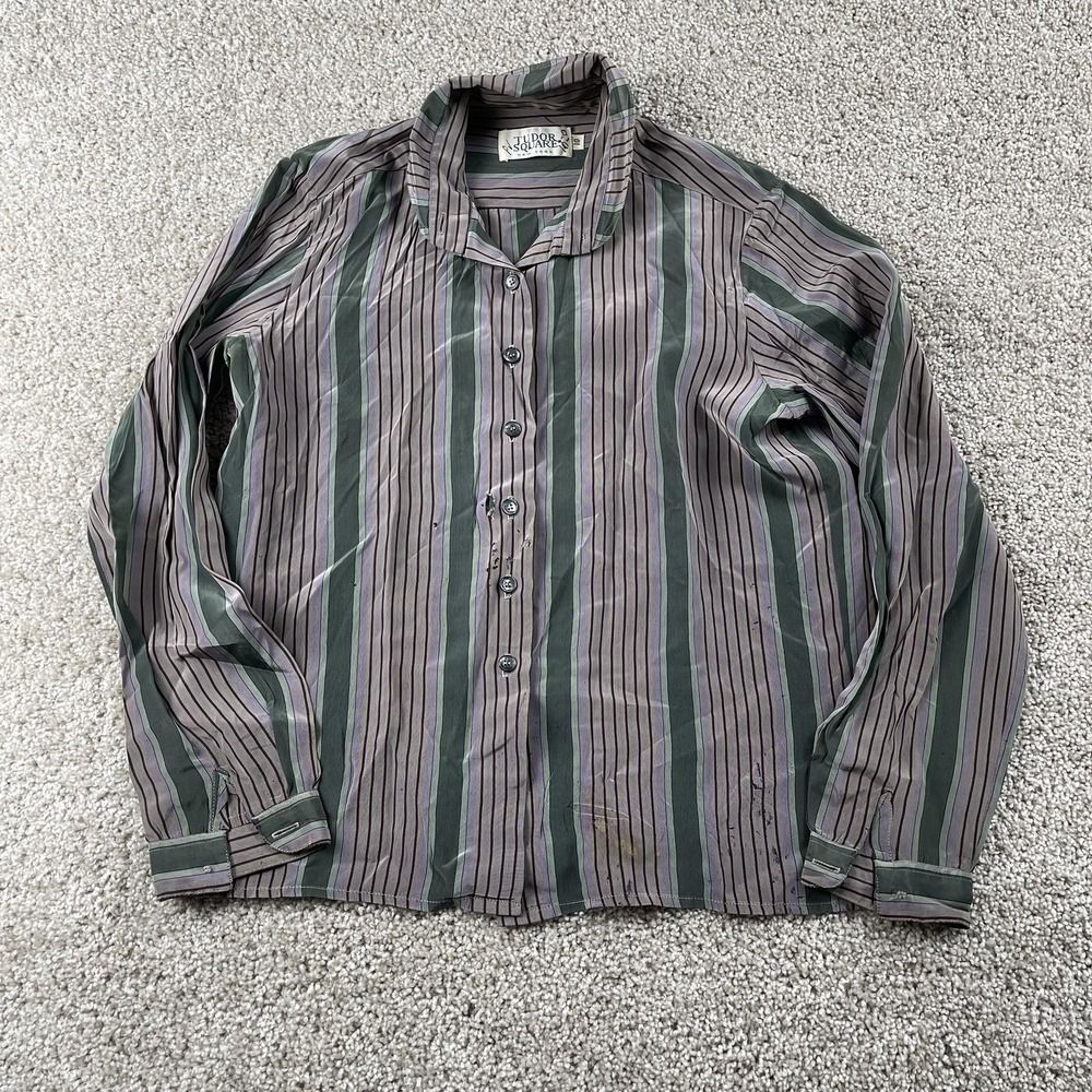 Vintage Tudor Square Button Up Shirt Womens 10 Green Stripe Long Sleeve Top